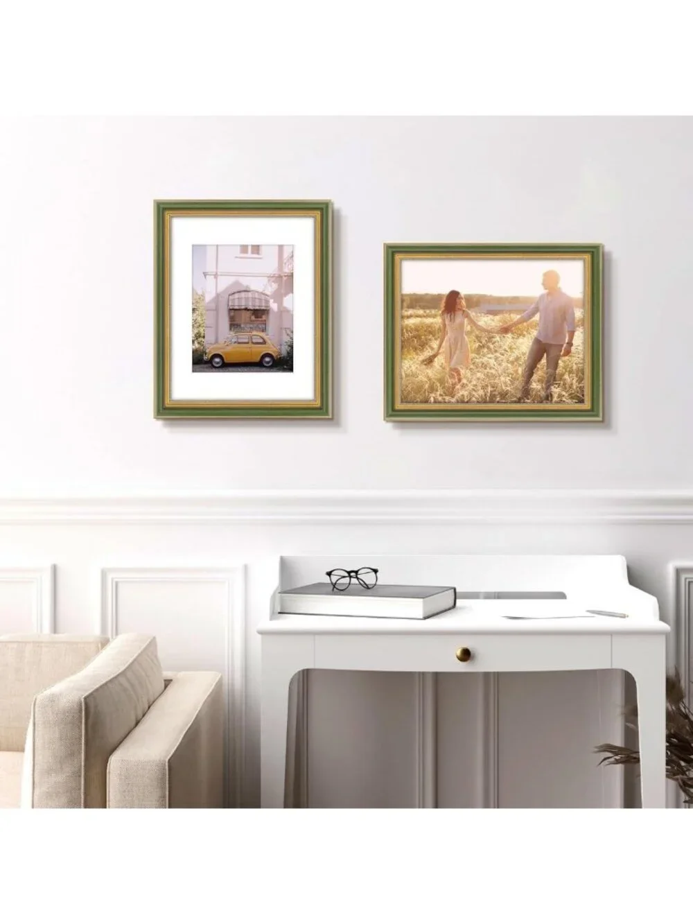 Ornate 11x14 Picture Frame for 8x10 Photos, Real Glass Wall Display, Green Gold